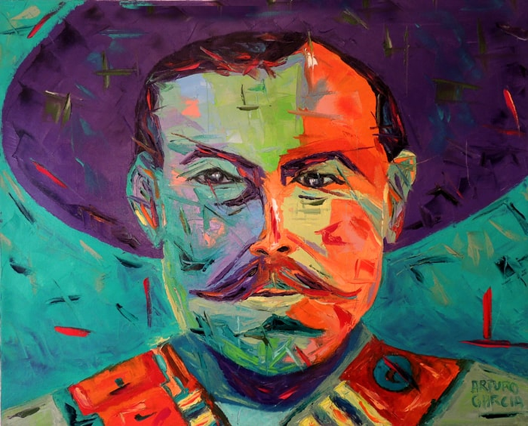 A colorful blue, orange and green painting of a Latinx man with a hat and mustache by artist Arturo Garcia.