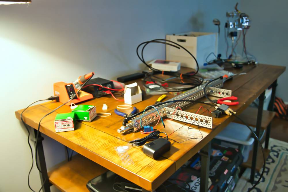 Table with soldering tools