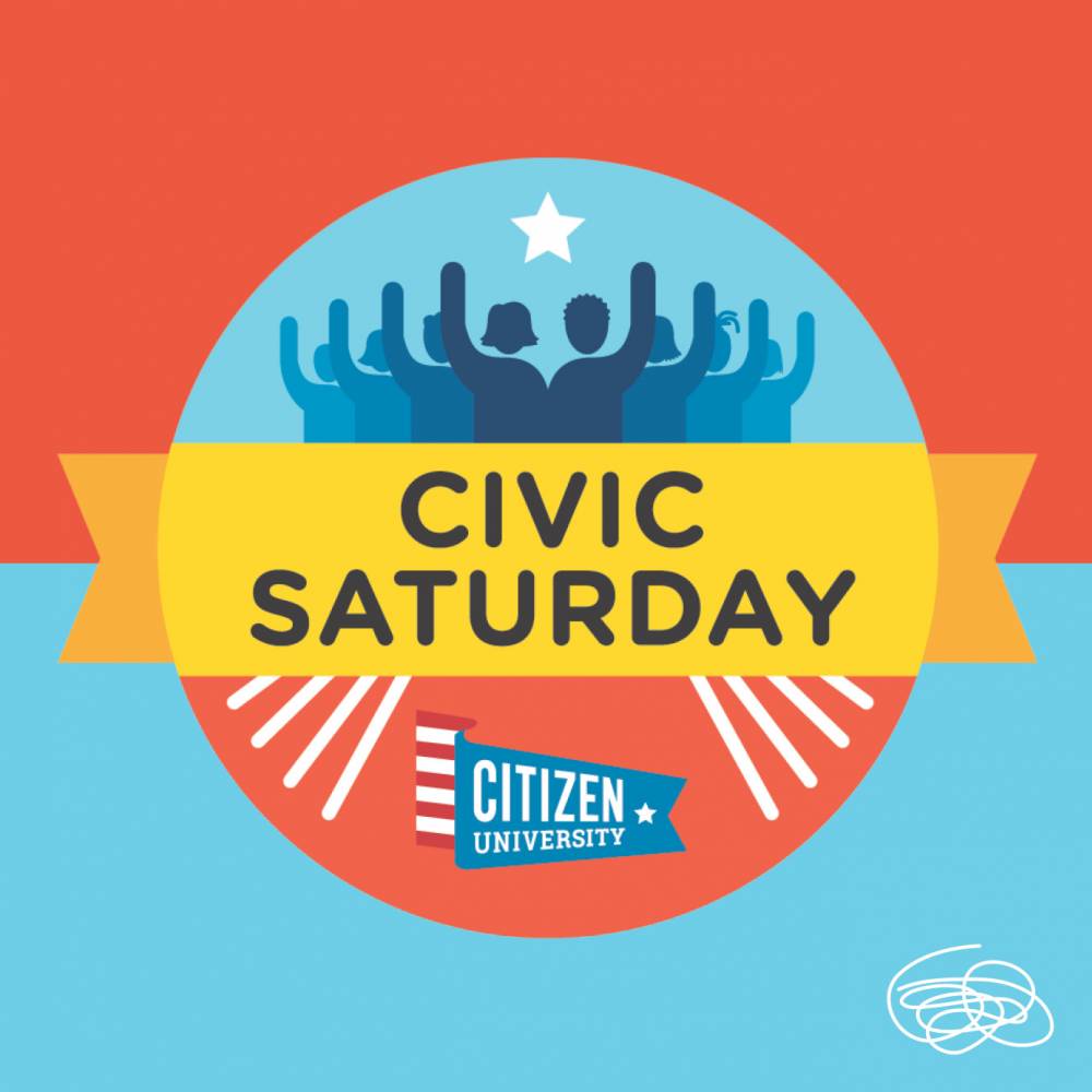 Civic Saturday logo with people in background with hands raised