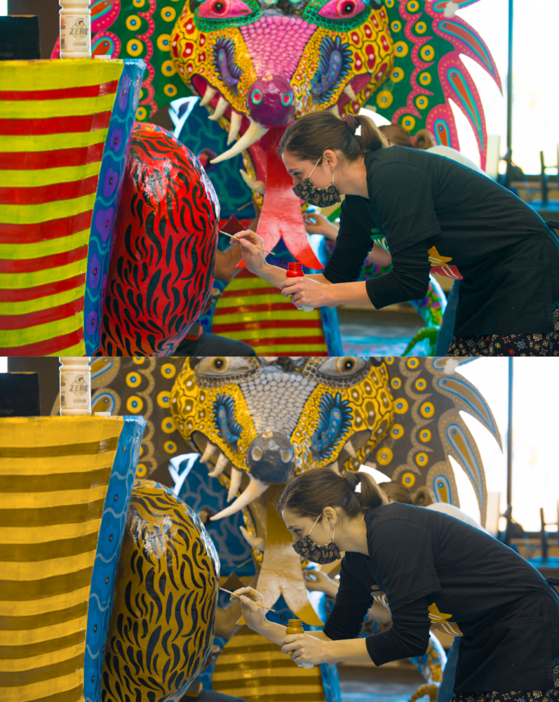 A photo of a woman painting a colorful alebrije, in both normal color vision and color-blind view.