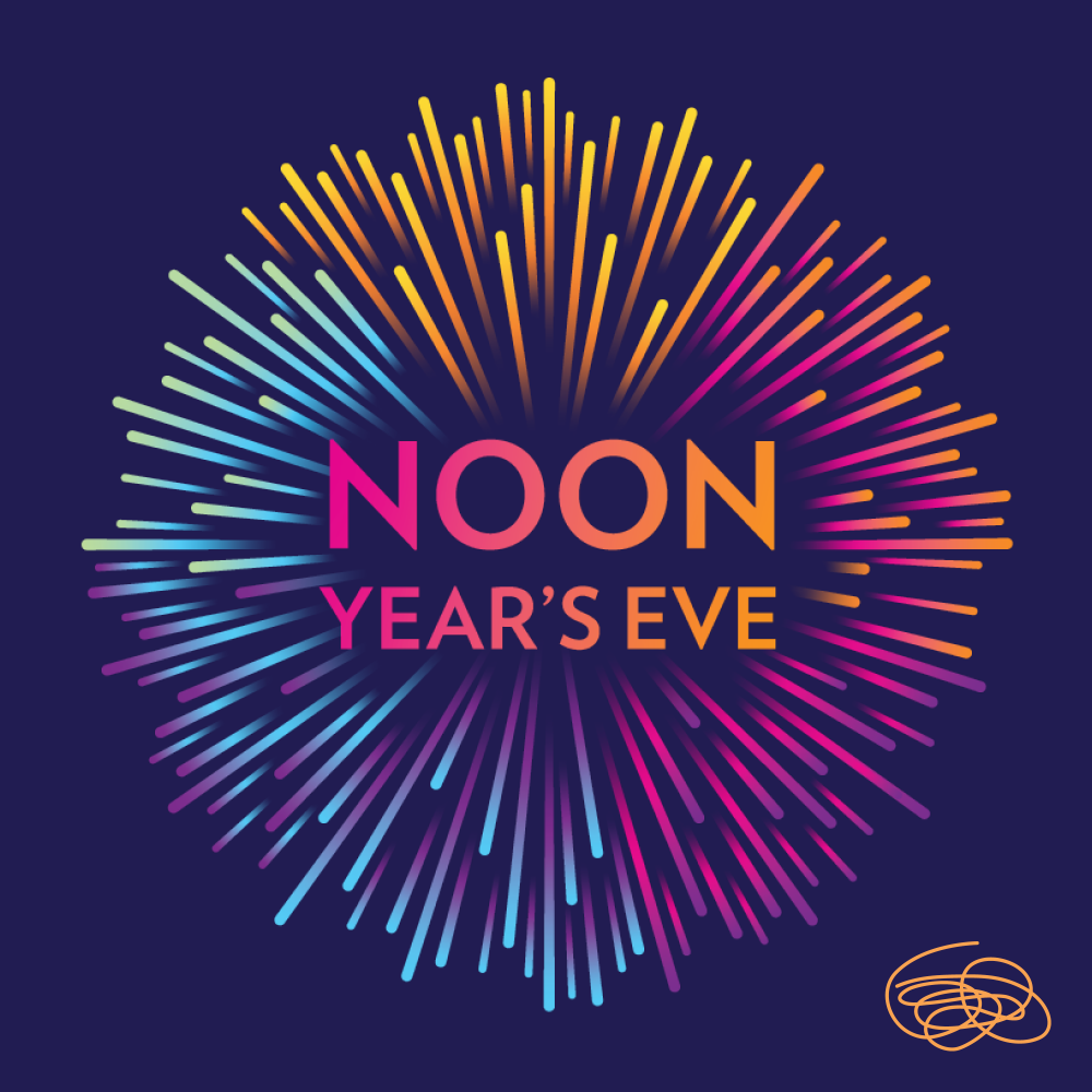 A graphic that reads Noon Year's Eve surrounded by fireworks