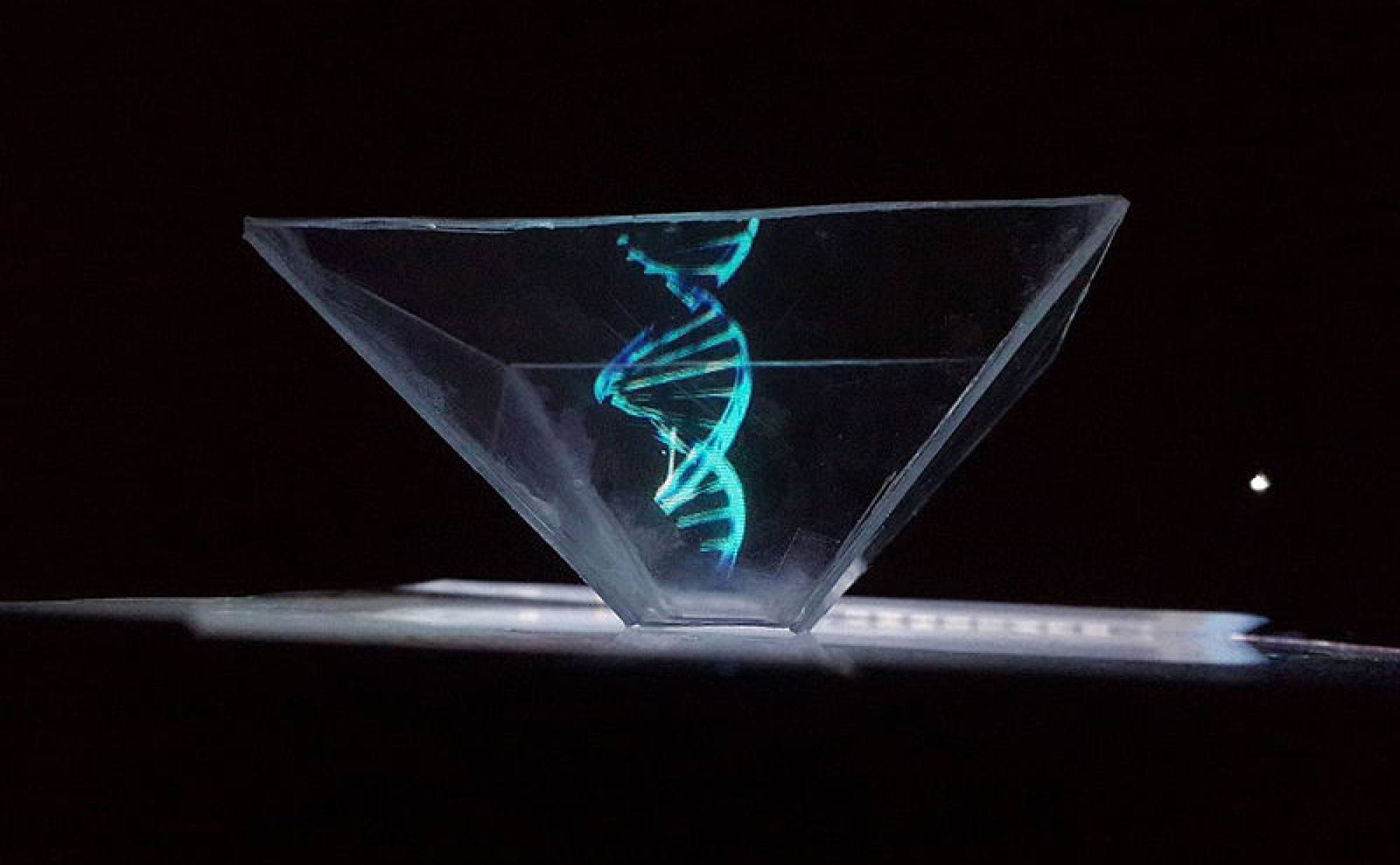 photo of completed project in a dark room displaying DNA
