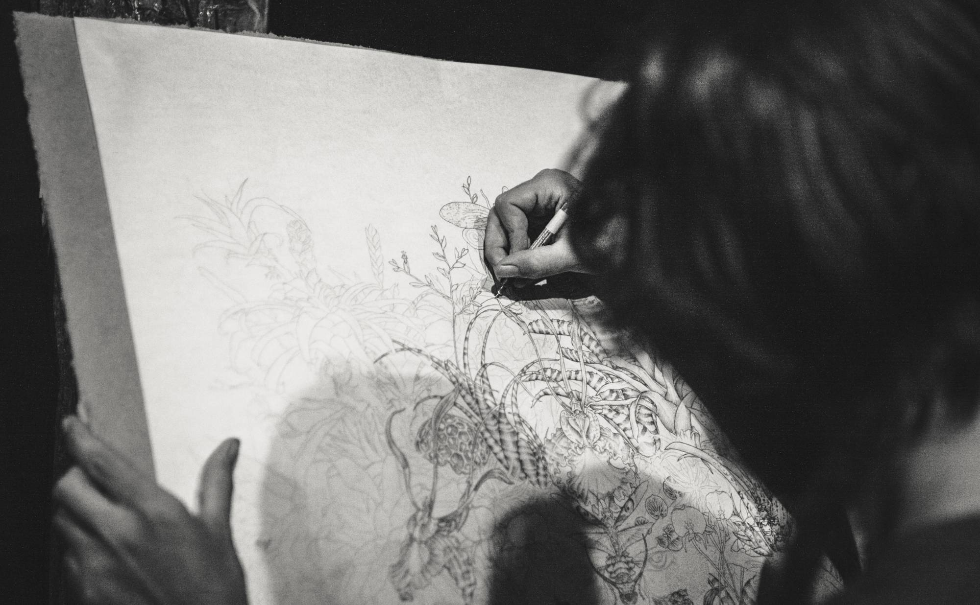 Woman drawing in pen 