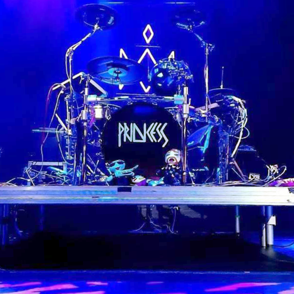 Photo of drum set in a nightclub with the word Princess on it and a few plushies in front.