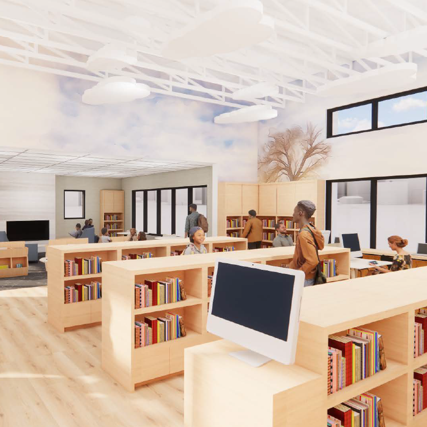 Rending of the interior of the express library showing people looking at books and typing on computers