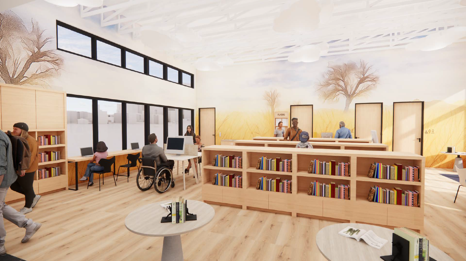 Rendering of the inside of the Express Library with people viewing book shelves