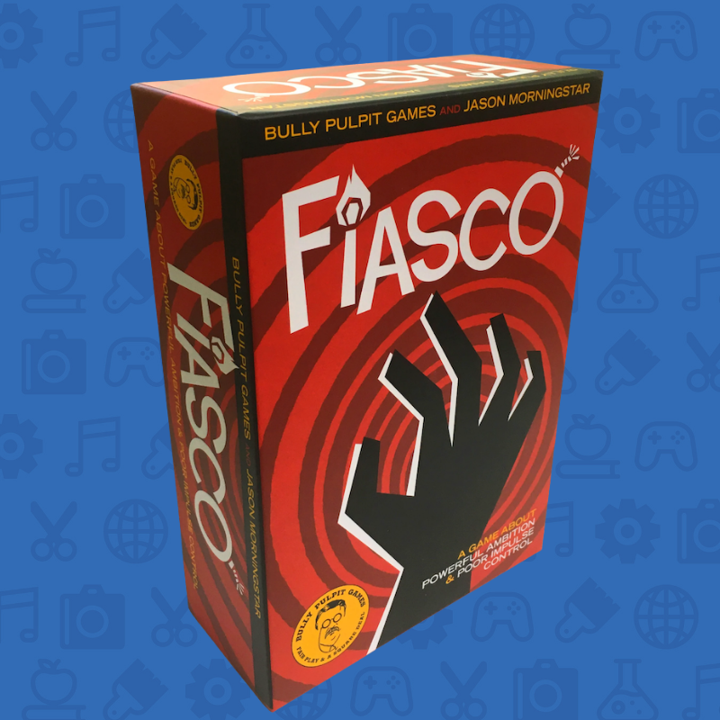 Box cover for “Fiasco,” with bold red spiral graphics and a black hand silhouette reaching upward.