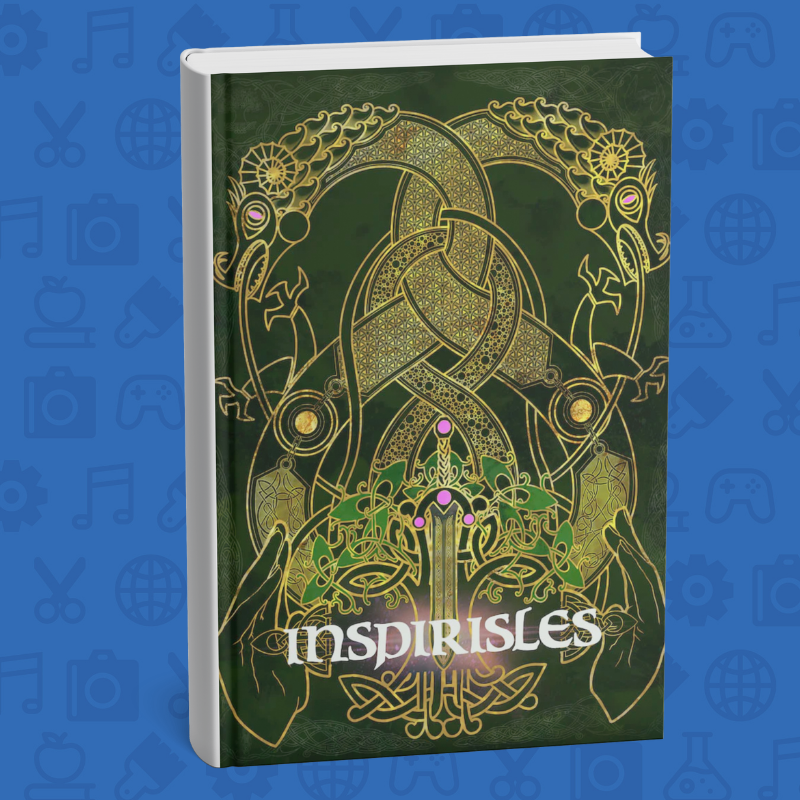 Cover of “Inspirisles,” featuring ornate Celtic knotwork forming two dragons around a central sword on a green background.