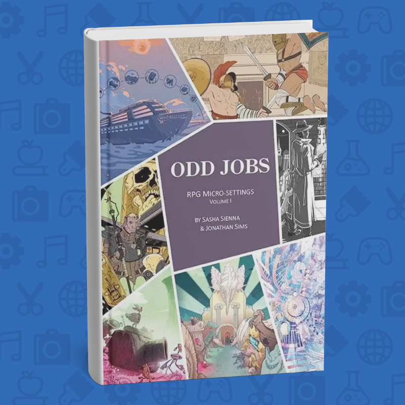 Cover of “Odd Jobs: RPG Micro-Settings, Volume I,” showing a collage of illustrated fantasy and sci-fi scenes arranged around the title.