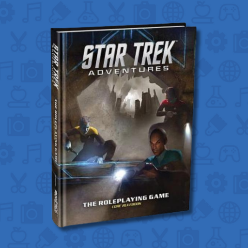 Portada de “Star Trek Adventures: El juego de rol”, que muestra a los oficiales de la Flota Estelar explorando un oscuro entorno alienígena con tecnología futurista.