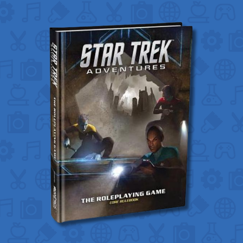 Cover of “Star Trek Adventures: The Roleplaying Game,” showing Starfleet officers exploring a dark alien environment with futuristic technology.