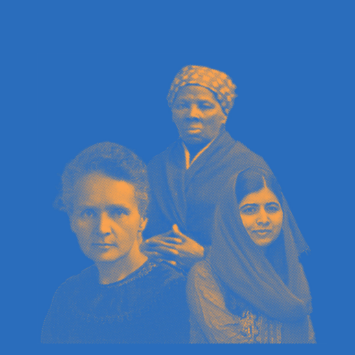 Gráfico azul con Marie Curie, Malala Yousafzai y Harriet Tubman mostrado para el Mes de la Historia de la Mujer.