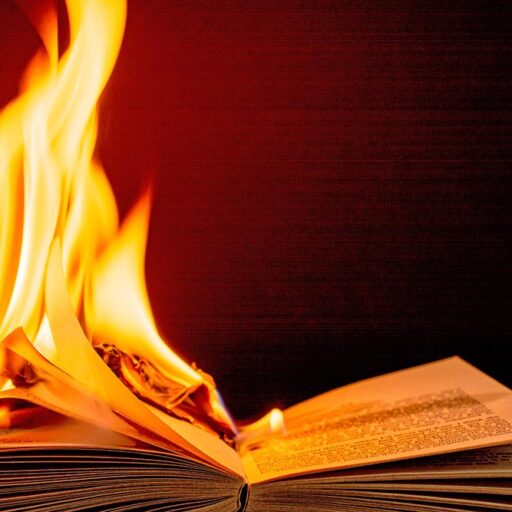 La foto muestra un libro en llamas, envuelto en brillantes llamas anaranjadas, amarillas y rojas. Algunas páginas son de color gris oscuro y se están convirtiendo en cenizas. La llama se extiende hacia el lado derecho del libro. El fondo es negro y está ligeramente iluminado por el color de la llama.