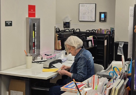 A photo of Nan H. volunteering at the library.